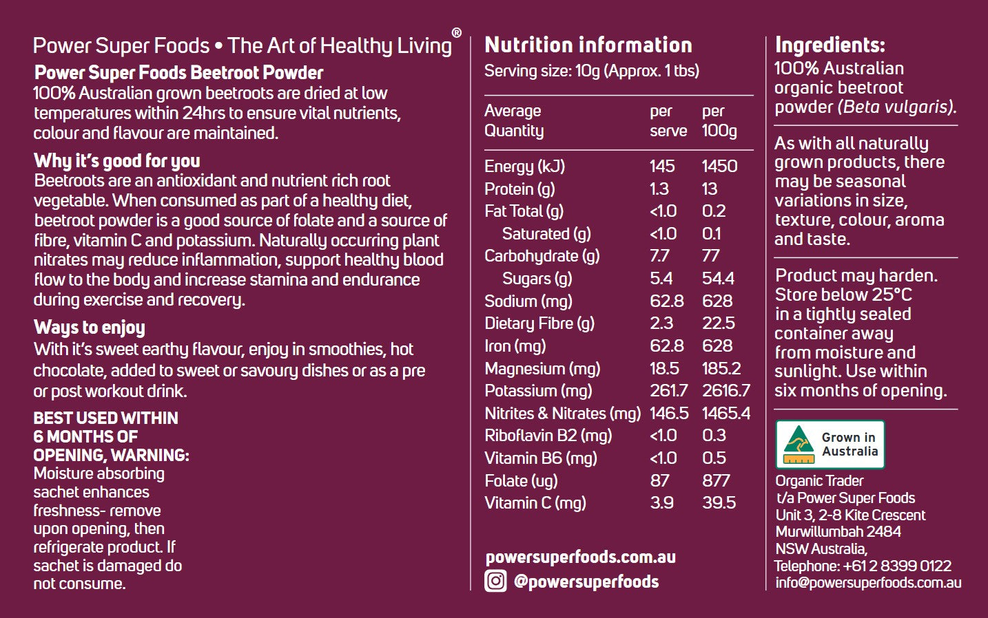 Buy Power Super Foods Certified Organic Beetroot Powder 170g Online