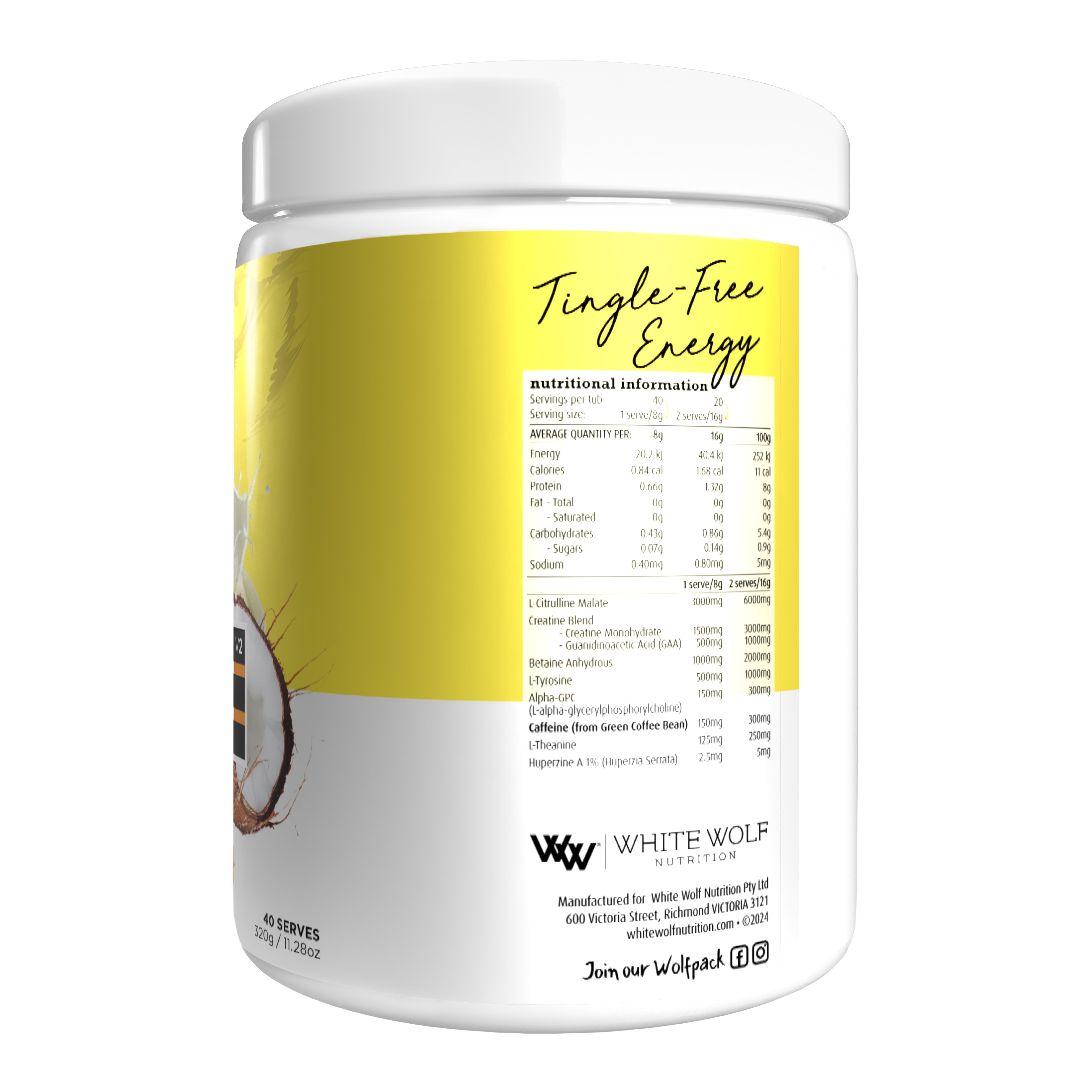 Buy White Wolf Nutrition Tingle Free PR3 Pina Colada 320g Online